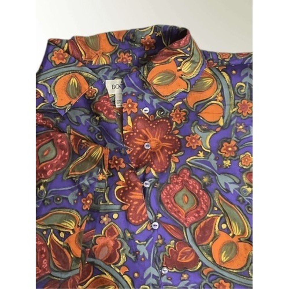 VTG Bogari Purple/Orange Floral Short Sleeve Loops Button Shirt Women M‎ China